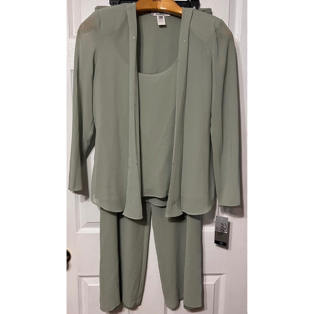 Patra Womens 3-Piece Pant Set Sage Green Rhinestone Duster Tank Trousers Size 12